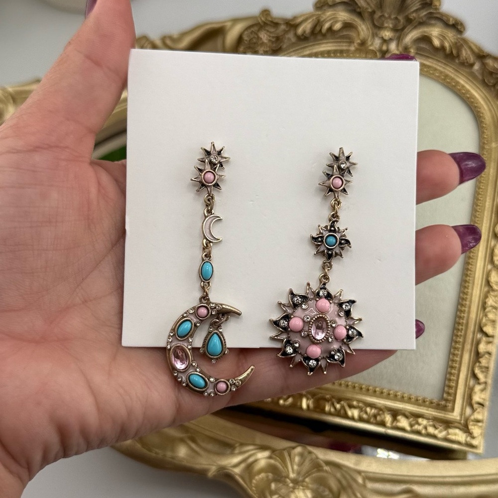 Asymmetric Moon & Sun Drop Earrings – Pink & Turquoise Crystals - Picture 4 of 7